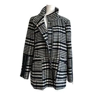 RAFAELLA Black White Brushed Plaid Faux Leather Detail Outerwear Car Coat Large
